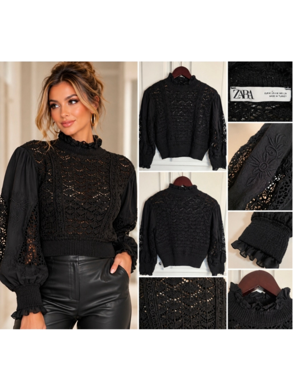Zara Black Crochet Lace High Neck Puff Sleeve Blouse Top M